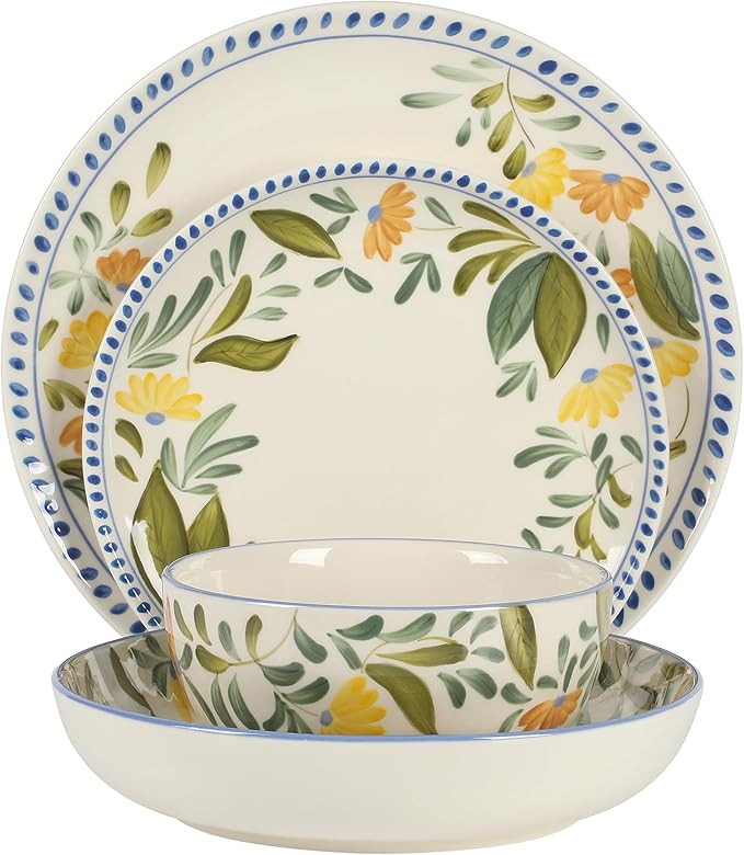 Bloomhouse - Two Time Oprah's Favorite Things Winner - Posy Blossom Double Bowl Hand Painted Stoneware Plates and Bowls Floral Dinnerware Set Service for Four (16pcs)