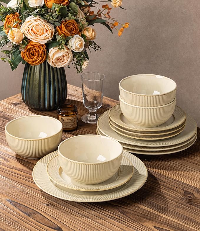 TheTerra Stoneware Dinnerware Sets for 4 12 Pieces Ceramic Plates and Bowls Sets Scratch Resistant Embossed Dish Set Oven Microwave &amp Dishwasher Safe Cappuccino