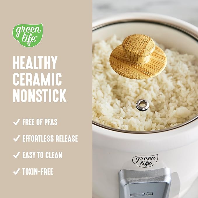 GreenLife Rice Cooker with Removable PFAS-Free Ceramic Nonstick Pot 3-Cups Uncooked/6-Cups Cooked Grains &amp Oatmeal Multicooker Compact One-Switch Design Auto Keep Warm Easy Clean Cream