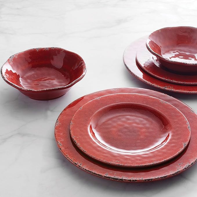 UPware 12 Piece Crackle Melamine Dinnerware Sets Outdoor Dishes Set Plates and Bowls Sets Service for 4 Red