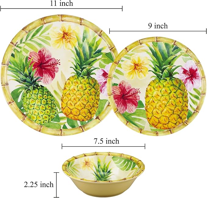 UPware 12 Piece Pineapple Melamine Dinnerware Sets Outdoor Dishes Set Plates and Bowls Sets Service for 4 Multicolor