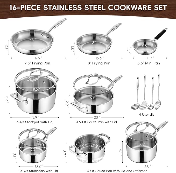 Tri Ply Stainless Steel Cookware Set 16-Piece Stainless Steel Pots and Pans Set with Kitchen Utensils and Steamer Non-Toxic Multiclad Induction Oven Compatible Dishwasher Safe