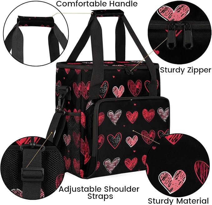 Valentine's Day Black Red Heart Coffee Maker Carring Bag Large Insulated Storage Organizer Case Tote Bags with Shoulder Strap for Travel Work Picnic