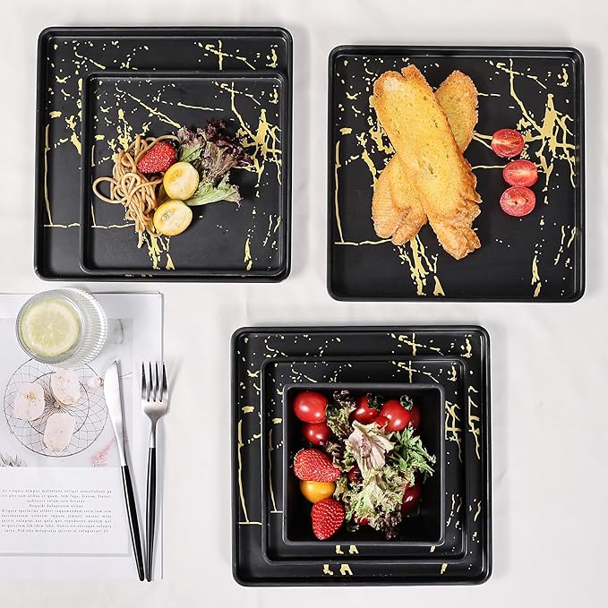 Melamine Dinnerware Sets - 12pcs Square Plates and Bowls Sets For 4 Indoor Outdoor Use Dishwasher Safe Black &amp Gold