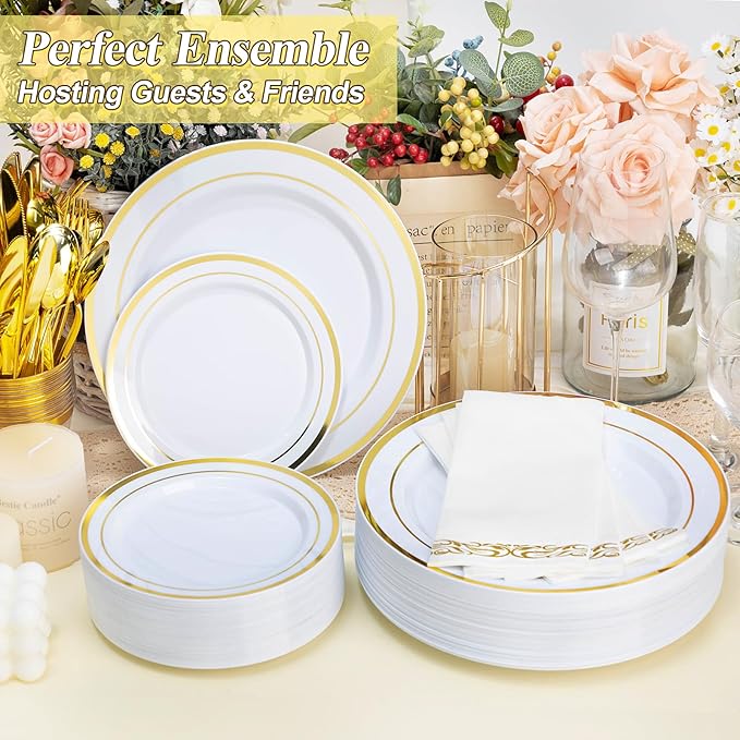 BESTSTAR 100PCS White Plastic Plates Set with Gold Rim 50 10.25 inch Heavy Duty Dinner Plate and 50 7.5 inch Dessert Appetizer Plates Premium Disposable Plates for Party Wedding Birthday