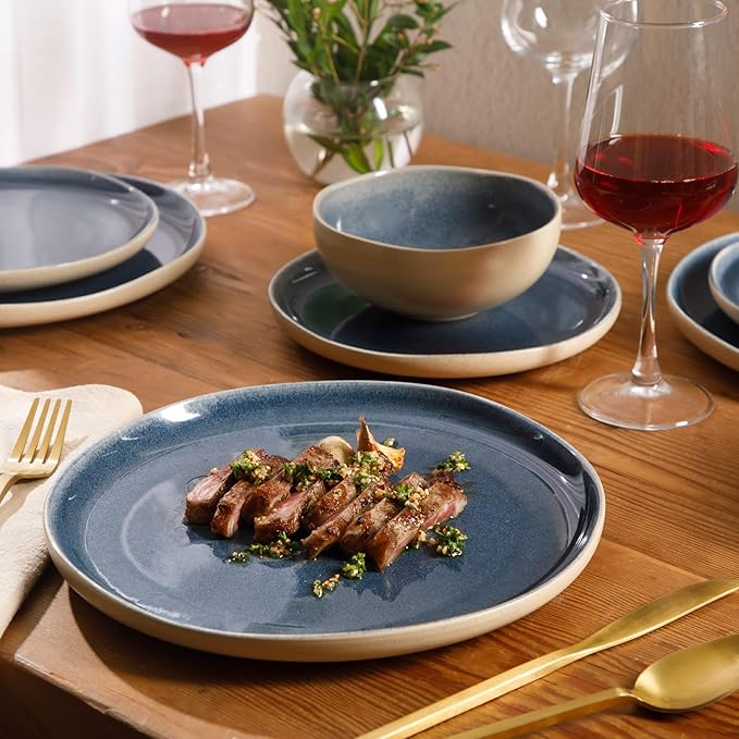 Gibson Elite Manila Bay 12-Piece Stoneware Dinnerware Set Service for 4 Reactive Glaze Modern Artisan Plates Bowls &amp Mugs Blue Round Design