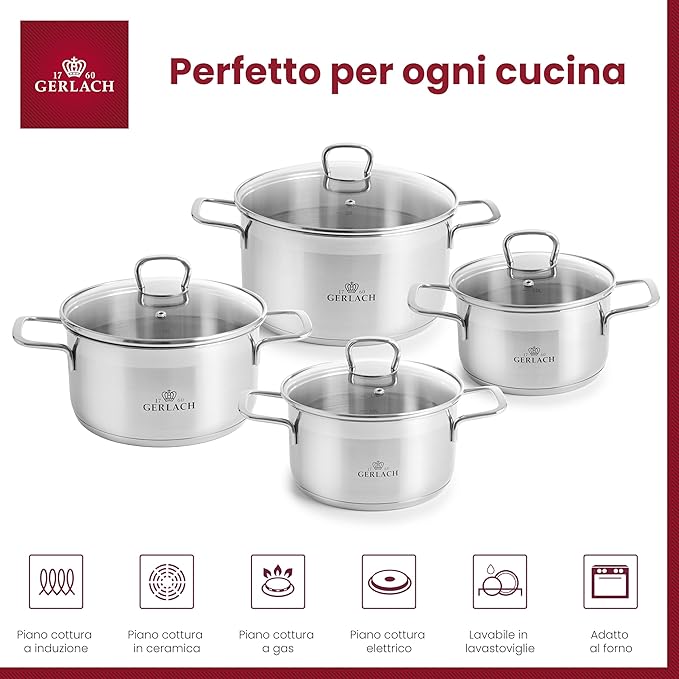 Gerlach 1760 Brava Stainless Steel Saucepan Set Induction Pots Set Suitable for Induction Cookware Set of 4 Silver