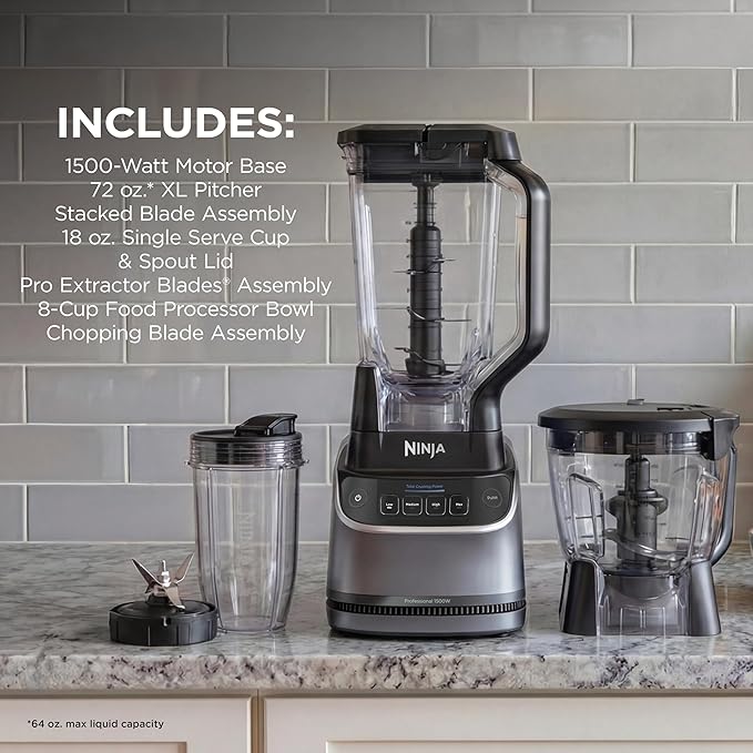 Ninja UltraCrush Professional Kitchen System | 1500W 72oz Full-Size Blender 8-Cup Food Processor &amp 18 oz To-Go Cup | Total Crushing Technology Smoothies Ice Crush Chopping &amp More | Silver