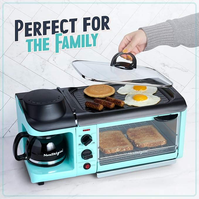 Nostalgia 3-in-1 Breakfast Station - Includes Coffee Maker Non-Stick Griddle and 4-Slice Toaster Oven - Versatile Breakfast Maker with Timer - Aqua