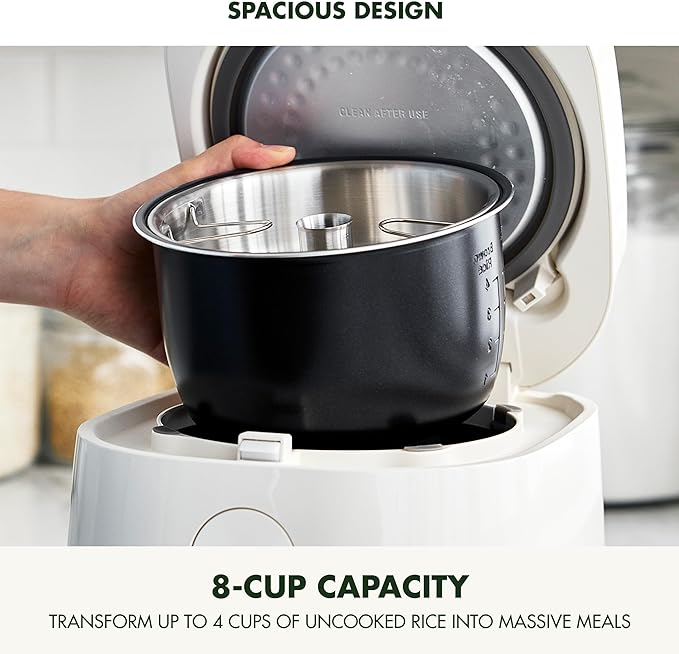 GreenPan Rice Cooker 8 Cups Cooked (4 Uncooked) Low-Carb &amp Soup Mode10 ONE-TOUCH Cooking Presets PFAS-Free Ceramic Steamer Basket Fuzzy Logic Auto Keep Warm Oats 24HR Delay Timer Cream