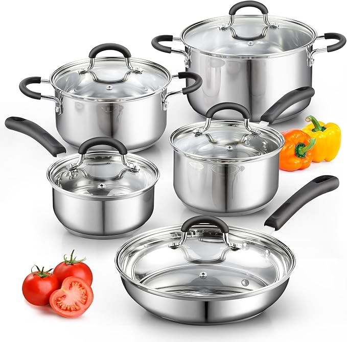 Cook N Home Stainless Steel Cookware Sets 10-Piece Pots and Pans Kitchen Cooking Set with Stay-Cool Handles Dishwasher Safe Silver