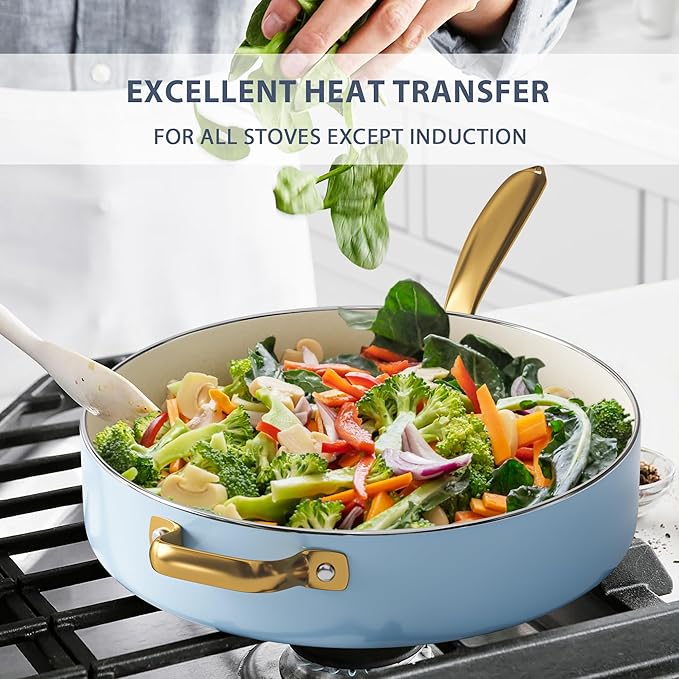 Ceramic Cookware Set VONIKI 16 Pcs Pots and Pans Set Non Stick Kitchen Cookware Sets with Cooking Utensils Set Non Toxic Cookware Set White Gold Pan Set for Cooking Pot Oven &amp Dishwasher Safe