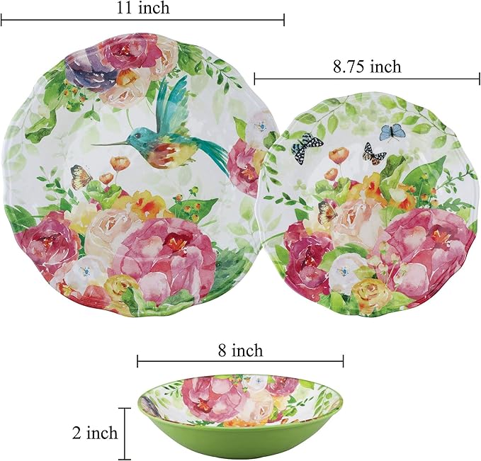 UPware 12 Piece Rose Garden Melamine Dinnerware Sets Outdoor Dishes Set Plates and Bowls Sets Service for 4 Multicolor