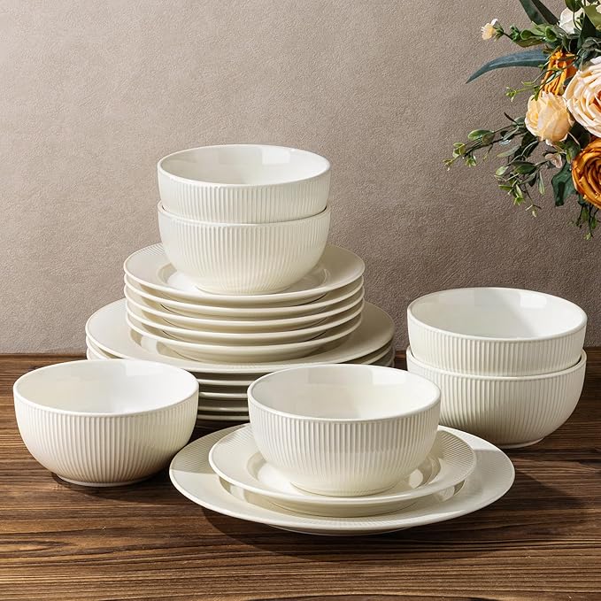 TheTerra Stoneware Dinnerware Sets for 6 18 Pieces Ceramic Plates and Bowls Sets Scratch Resistant Embossed Dish Set Oven Microwave &amp Dishwasher Safe Reactive White