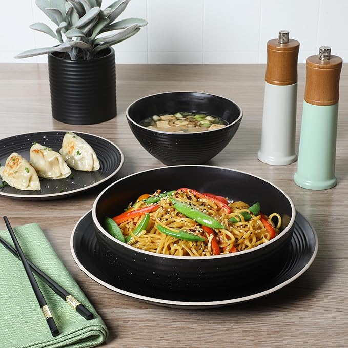 Gibson Home Dinah 16-Piece Matte Black Stoneware Dinnerware Set – Double Bowl Embossed Speckled Design Durable Kitchen Dinner Set