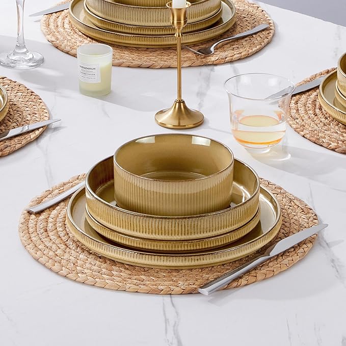 E-far 16 Piece Dinnerware Sets Plates and Bowls with Pasta Bowls Service for 4 Modern Stoneware Ribbed Dishes for Kitchen Dining Microwave &amp Dishwasher Safe Caramel Khaki