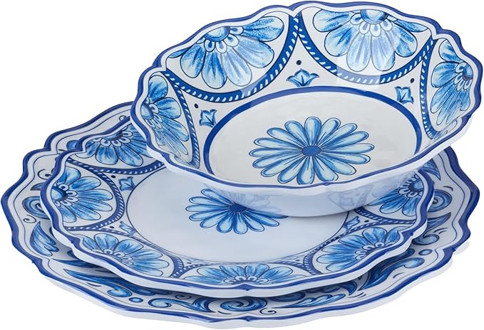 Veranda Melamine 12-Piece Dinnerware Set Service for 4 – Includes Dinner Plates Salad Plates and Bowls – Elegant Blue and White for Everyday Use Indoor/Outdoor Dining and Entertaining
