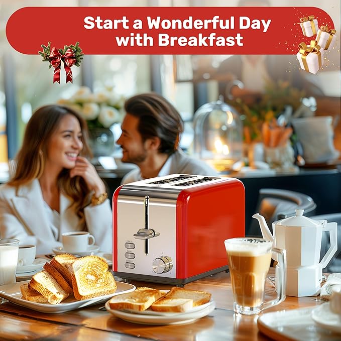 YSSOA Stainless Steel Toaster 2 Slice with Extra Wide Slot &amp Removable Crumb Tray 6 Shade Settings and Bagel/Defrost/Cancel Functions Compact Oven for Various Bread &amp Waffle Red New