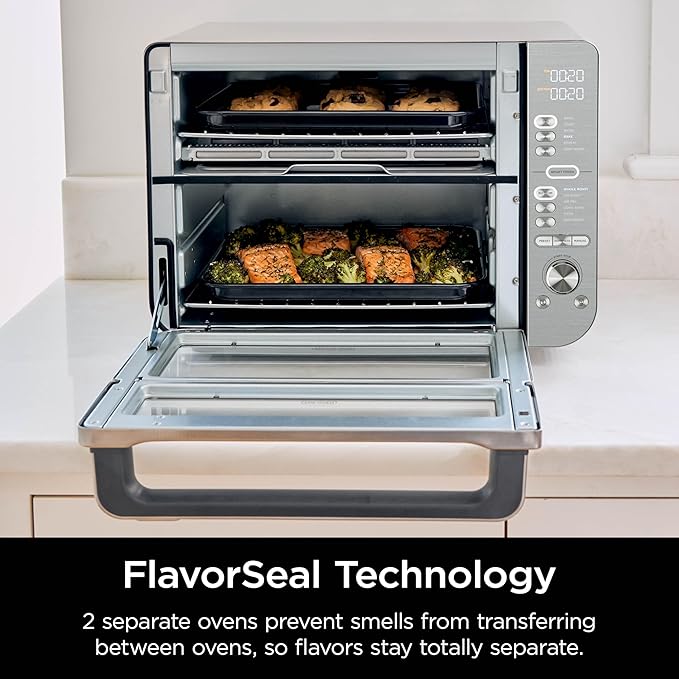 Ninja Air Fryer &amp Toaster Oven Combo with Thermometer| Double Stack XL | 12-in-1 | Smart Finish &amp DualZone Technology Cook 2 Meals at Once | Air Fry Bake Broil Reheat | Stainless Steel | DC