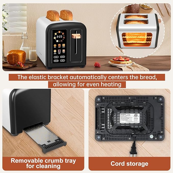 SEEDEEM Toaster 2 Slice with Touch Screen Faster Heating Speed 7 Shade Setting 6 Bread Type 1.5”Wide Slots Toaster Removable Crumb Tray 1350W Dark Chocolate