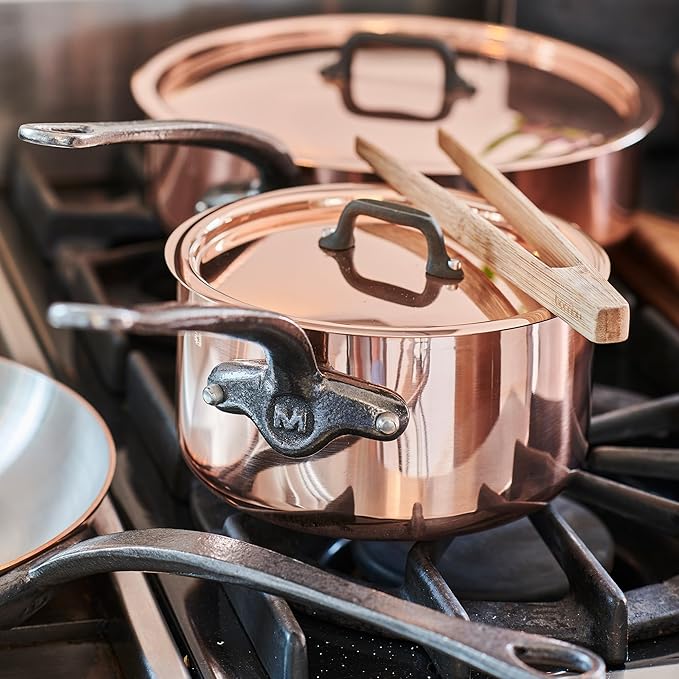 Mauviel M'Heritage 150 CI 1.5mm Polished Copper &amp Stainless Steel DeLuxe 3-Piece Cookware Set With Sauce Pan With Lid 2.8-Qt and Frying Pan 11.8-In Cast Iron Handles Made in France