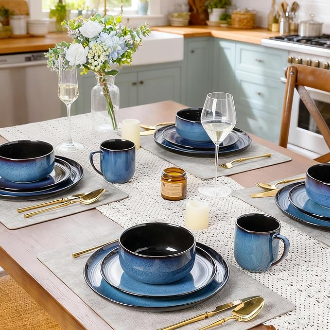 LeRatio Ceramic Dinnerware Sets for 4Porcelain Plates and Bowls SetsHandmade Reactive Glaze Dishes SetChip Resistant and Scratch Resistant | Oven&ampDishwasher &amp Microwave SafeService for 4-B