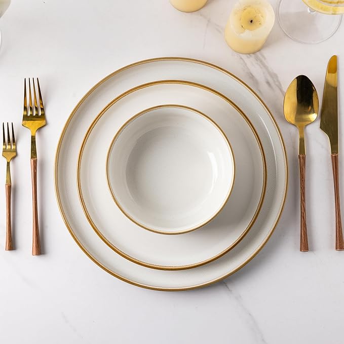 GBHOME Ceramic Dinnerware Sets for 4 12 Pieces Stoneware Plates and Bowls Sets Scratch Resistant Dishes Dishwasher &amp Microwave Safe Reactive Glaze-White