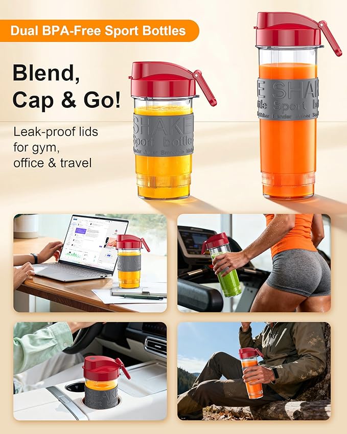 Smoothie Blender 650W Personal Blenders for Shakes and Smoothies with Grinder Cup &amp 2 BPA-Free Portable Cups (20oz+14oz) Portable Blender for Juices Smoothies Maker for Kitchen Red