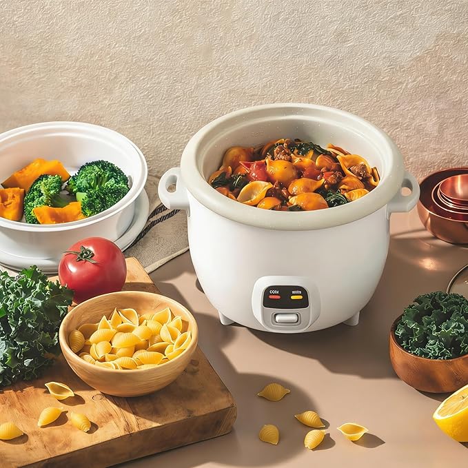 6 Cup Electric Rice Cooker and Food Steamer with Nonstick Ceramic Pot Pop Up Steam Tray White