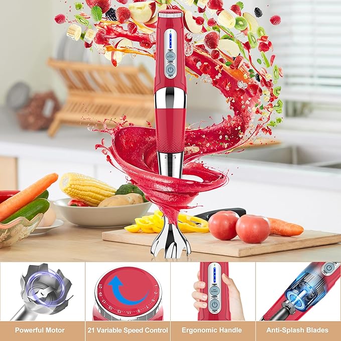 Toogel Cordless Immersion Blender Electric Hand Blender with 21-Speed &amp 3-Angle Adjust USB Rechargeable BPA-Free &amp Dishwasher Safe for Baby Food Smoothies Soup (Red)