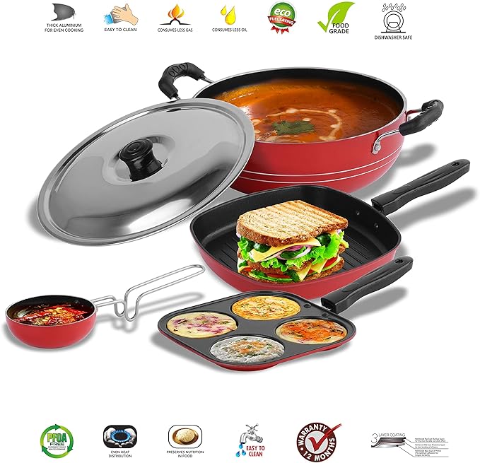 Sumeet Ruz 2.6 mm Thick Non-Stick Cookware Set (Mini Multi Snack Maker 19.5 cm Dia Kadhai with Lid 1.5 Ltr Capacity and 20 cm Dia Grill Pan 1.1 Ltr Capacity and 22 cm Dia Grill Pan 1.1 Ltr)