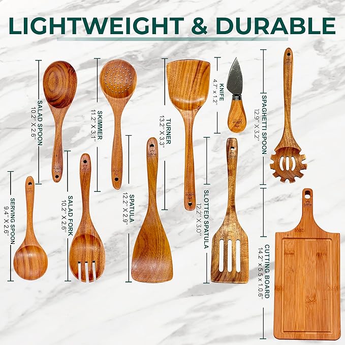 Teak Wooden Cooking Spoons Set -10-Piece Nonstick Cookware - Handmade Wooden Teak-Bamboo Charcuterie Board With Knife - Wooden Kitchen Utensils Ideal Gift Set For WeedingBirthday