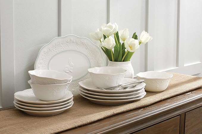 Lenox Dinnerware Set French Perle White 12-Piece Set Service For 4 Stoneware Material Dishwasher Safe Microwave Safe Plates Bowls Home &amp Kitchen Plates And Bowls Sets (White 12 Piece)