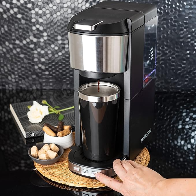 Mixpresso Coffee Maker Single Serve For Ground Coffee &amp Compatible With K Cup Pods With 14oz Travel Mug &amp Reusable Filter For Home Office &amp Camping 30oz Removable Water Tank.