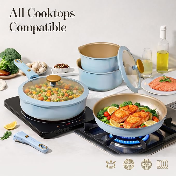 CAROTE 18Pcs Titanium Reinforced Nonstick Pots and Pans Set Nonstick Cookware Set with Detachable Handle Induction Kitchen Cookware Sets Removable Handles Dishwasher Safe Oven Safe Blue