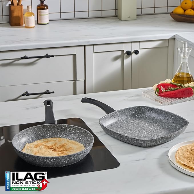 KARACA Gris Biogranite 2-Piece Induction Cookware Set 26cm Frying Pan 28cm Non-Stick Grill PFOA Free Anti-Scratch Biogranite &amp Dishwasher Safe Pan Grey