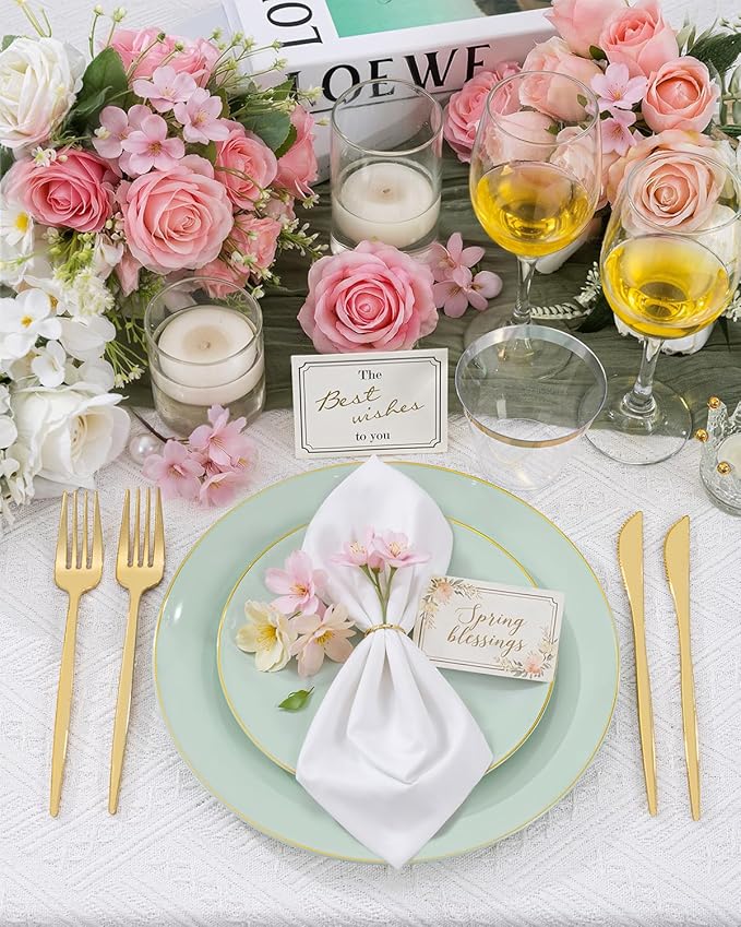 bUCLA 150PCS Green Plastic Plates - Sage Green with Gold Rim Disposable - Include 25 (Dinner &amp Dessert) Plates 25 Knives 25 Forks 25 Spoons and 25 Cups for Party Easter &amp Spring