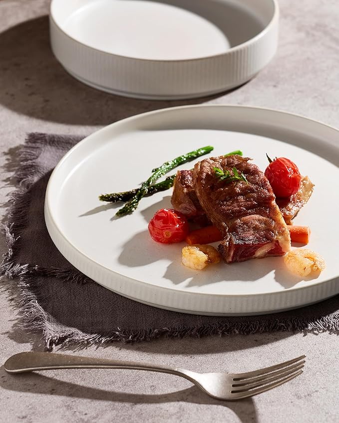Famiware Star Dinnerware Set with Pasta Bowls Service for 4 (16pcs) Ribbed Stoneware Plates and Double Bowls Dishes Sets - Chip &amp Scratch Resistant Microwave &amp Dishwasher Safe Matte White