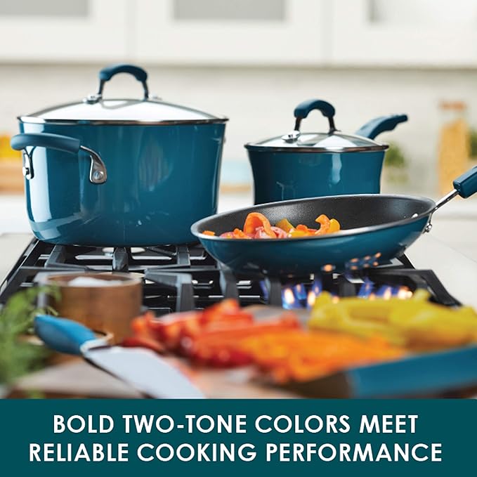Rachael Ray Brights Nonstick Cookware Pots and Pans Set 10 Piece Marine Blue