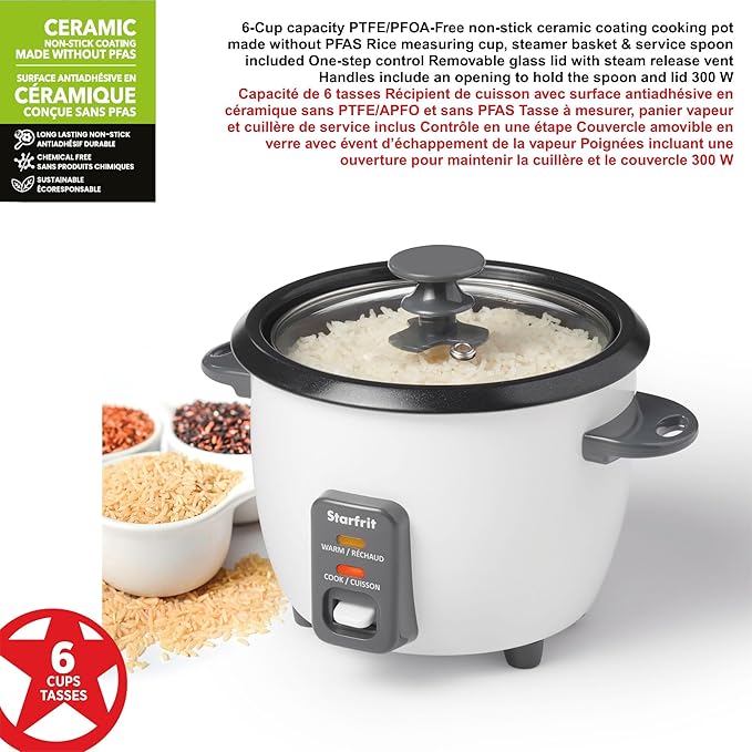 Starfrit Electric Rice Cooker - 6 Cups - Steamer Basket Measuring Cup &amp Service Spoon - 300W - Makes Perfect Rice!