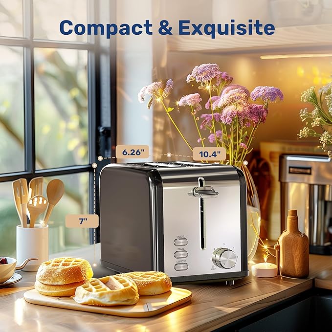 Simple Deluxe 2-Slice Stainless Steel Toaster Extra Wide Slot &amp Removable Crumb Tray 6 Browning Setting and 3 Function Toaster for Bread &amp Waffle Black