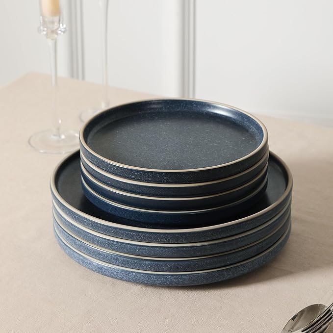 Earth &amp Clay Amber 12-Piece Dinnerware Set Stoneware Dishwasher and Microwave Safe Plates and Bowls Set Dish Set for 4 Blue