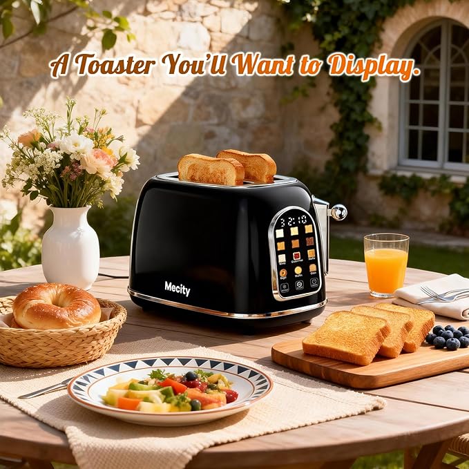 Mecity Toaster 2 Slice Touch Screen Wide Slot Retro Toaster For Breads Bagel Muffin Waffle House Warming Gift New Home 120V 825W Jet Black