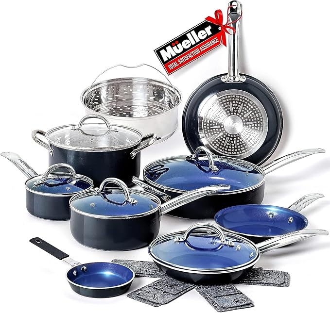Mueller UltraClad Sapphire Pots and Pans Set Nonstick 14 Piece Induction Cookware Sets Aluminum Body Includes Non Stick Deep Frying Pan Sauce Pans for Cooking Dutch Oven and More
