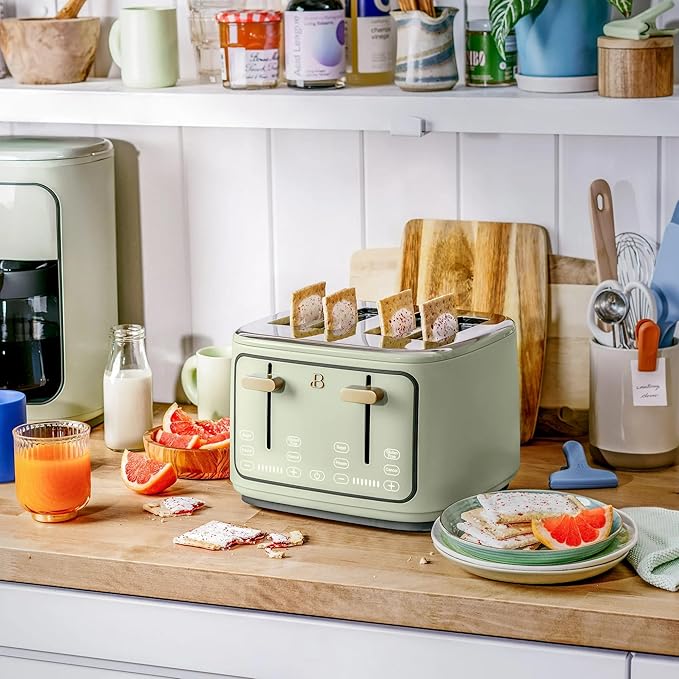 4 Slice Toaster with Touch Control Panel 1800W Fast Heating 7 Toast Shade Levels Extra Wide Slots for Bagels Removable Crumb Tray (Sage Green)