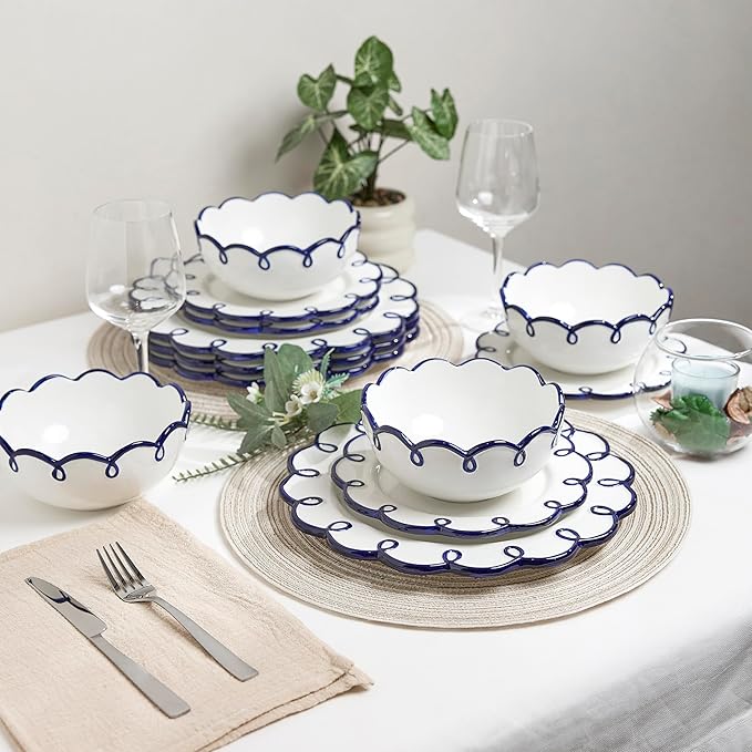 Sango 12-Piece Earthenware Dinnerware Set for 4 Glossy White Plates and Bowls Sets with Navy Scalloped Rims Premium Dish Set Dishes for Hosting Parties Birthday &amp Wedding Gifts Splash of Chee