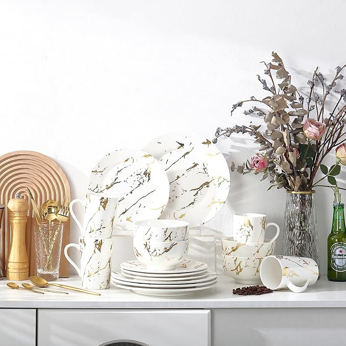 Modern Porcelain 16 Piece White Dinnerware SetPlates and Bowls SetsGold Dish Set for 4White Dinnerware SetDinner Sets with Dinner Plates.