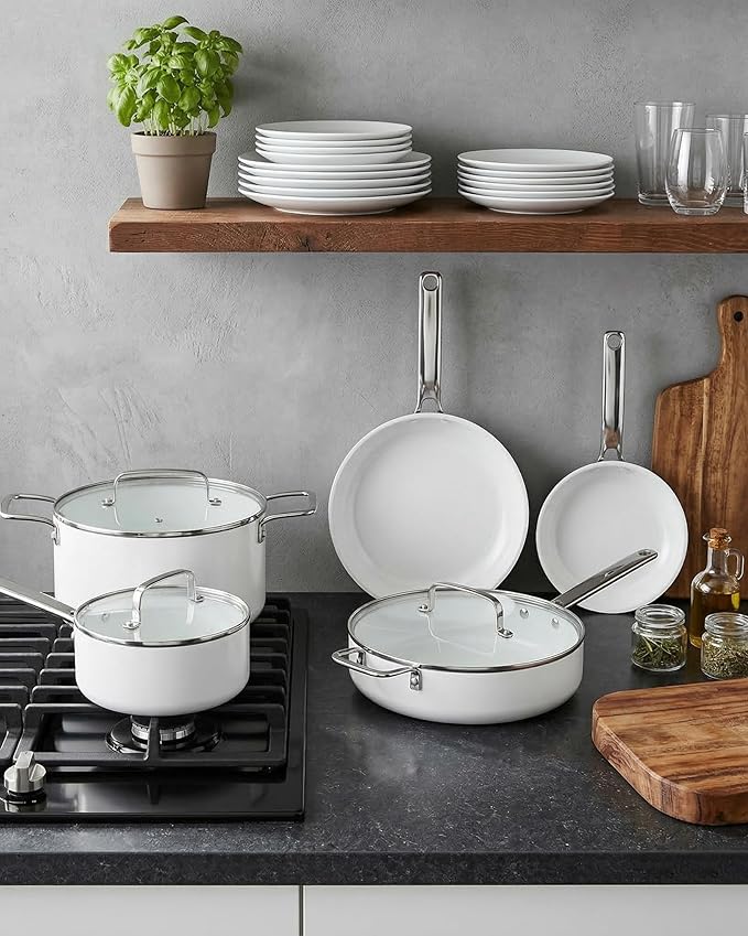 Ceramic Cookware Set - Nonstick Kitchen Pots and Pans Set Induction Cookware Sets with Cooking Utensils Set Non Toxic Cookware Set Non Stick Pan Set for Cooking Pot Oven &amp Dishwasher Safe Gif