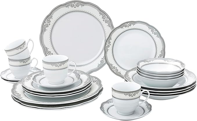 Lorren Home Trends Victoria-24 24 Piece Victoria Design Porcelain Wavy Edge Dinnerware Set White