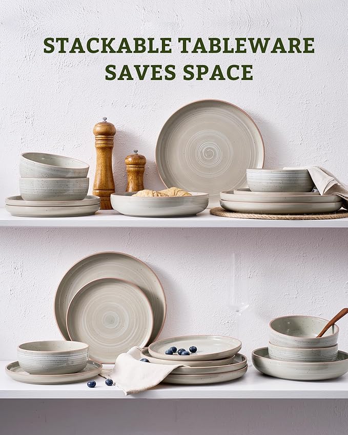 Famiware Meteor Plates and Bowls Sets 24-Piece Stoneware Dinnerware Sets Dishes Set for 8 Microwave and Dishwasher Safe Tableware Matcha Green
